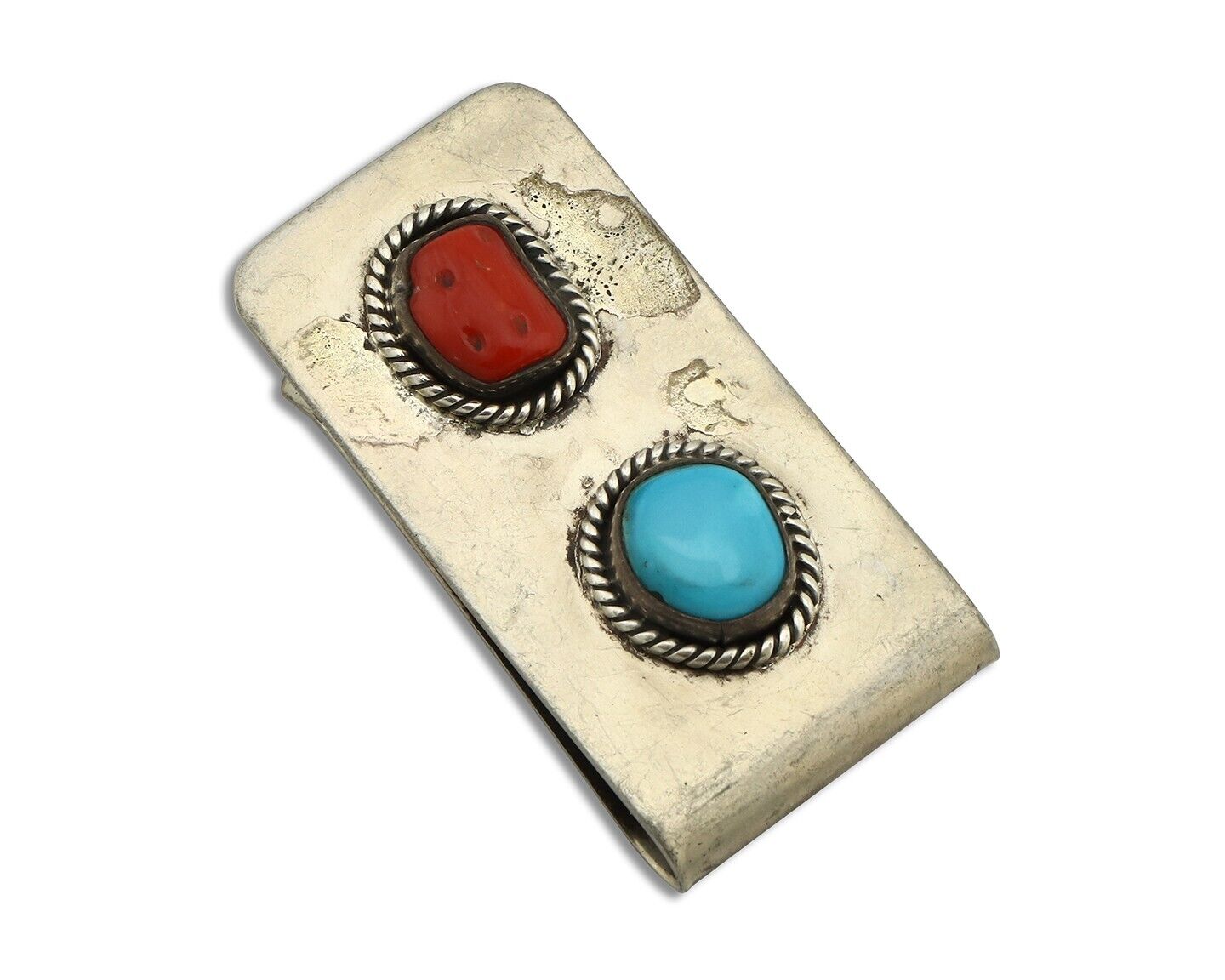 Navajo Money Clip 925 Silver & 999 Nickel Natural Turquoise & Coral Artist C80