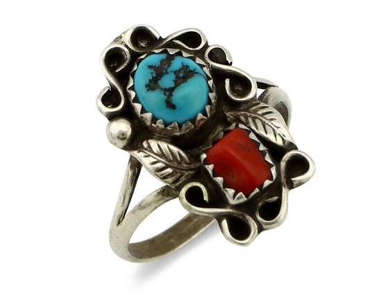 Navajo Ring 925 Silver Turquoise & Coral Artist Signed R with Steer Head C.80's