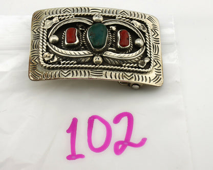 Navajo Belt Buckle .925 Silver Green Turquoise Coral Signed Teepee C.80's