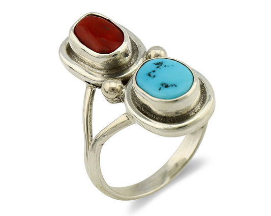 Navajo Ring .925 Silver Blue Turquoise & Red Coral Native American Artist C.80's