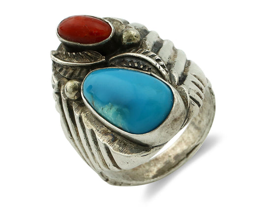 Navajo Ring 925 Silver Coral & Easter Blue Turquoise Native Artist C.1980's