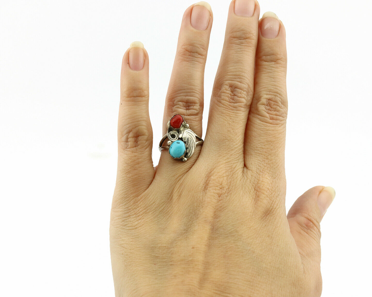 Navajo Ring .925 Silver Turquoise & Coral Native American Artist C.1980's
