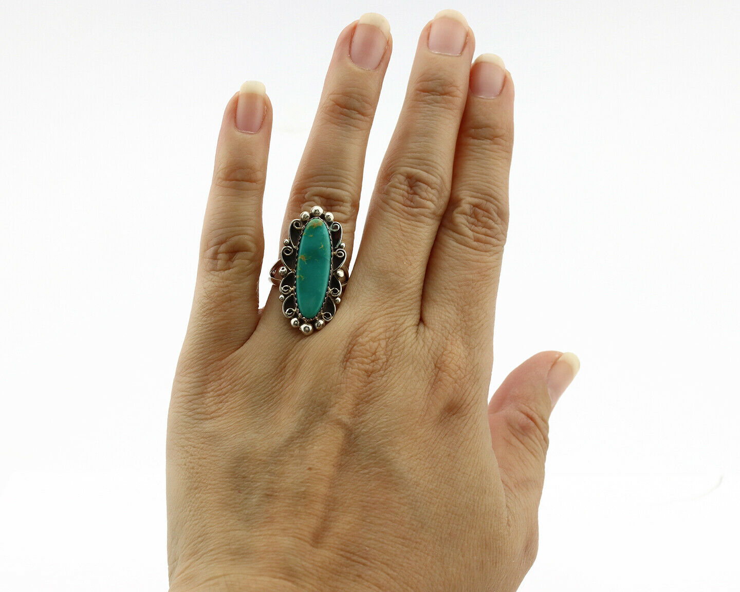 Navajo Ring .925 Silver Blue Southwest Turquoise Signed TALHAT C.80's