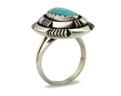 Navajo Ring .925 Silver Morenci Turquoise Artist Signed L. M. Nez C80s