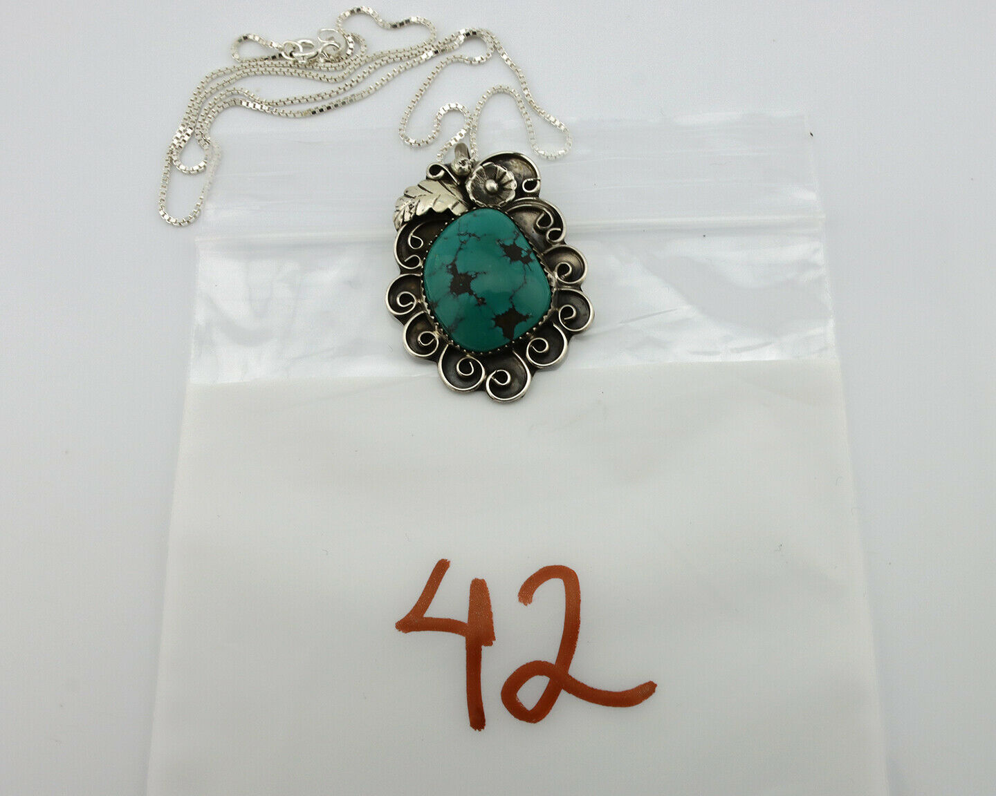 Navajo Necklace .925 Silver Green Turquoise Native American Artist C.80's