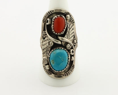 Navajo Ring 925 Silver Blue Turquiose & Mediterranean Coral Native Artist C.80's