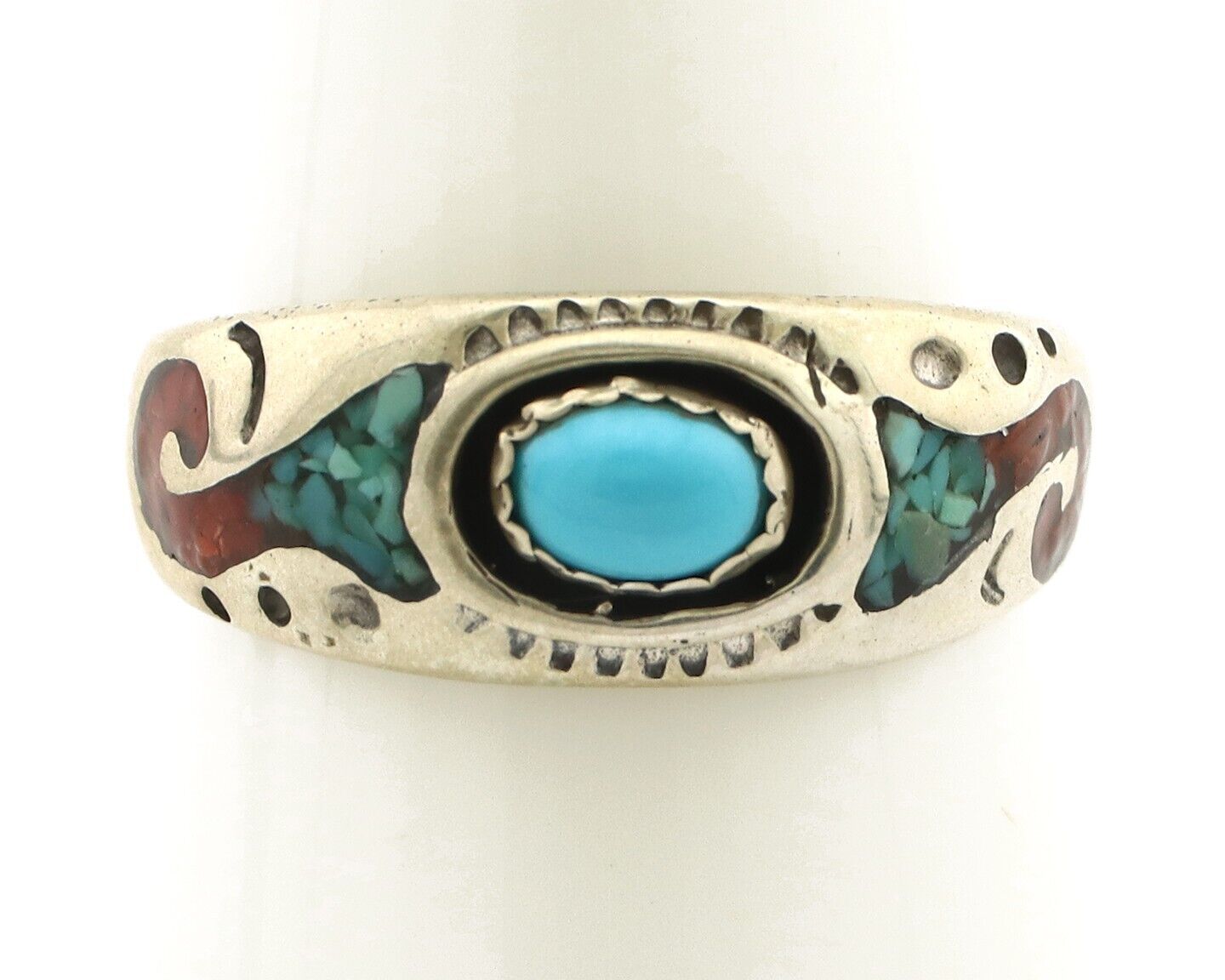 Navajo Handmade Ring 925 Silver Blue Turquoise & Coral Native American C.80's