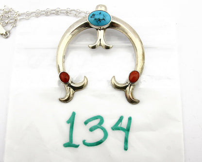 Navajo Necklace .925 Silver Natural Red Coral Turquoise Artist Native C.80's