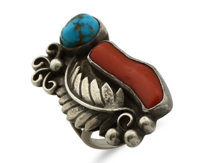 Navajo Handmade Ring 925 Silver Turquiose & Coral Native American Artist C.80's