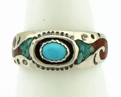 Navajo Handmade Ring 925 Silver Blue Turquoise & Coral Native American C.80's