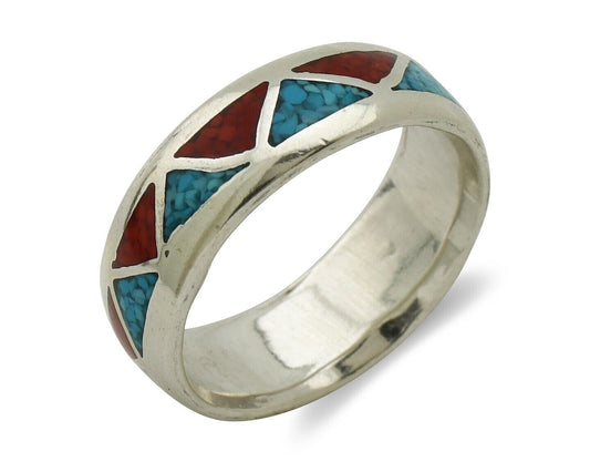 Navajo Chip Inlay Ring 925 Silver Sleeping Beauty Turquoise & Coral Silver Cloud