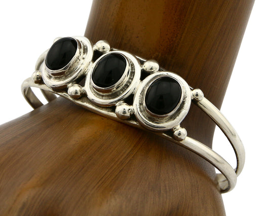 Navajo Bracelet .925 Silver Onyx Gemstones Handmade Native Artist C.80's