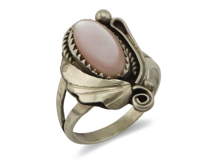 Navajo Ring .925 Silver Natural Pink Mussel Artist Signed Justin Morris C.80's