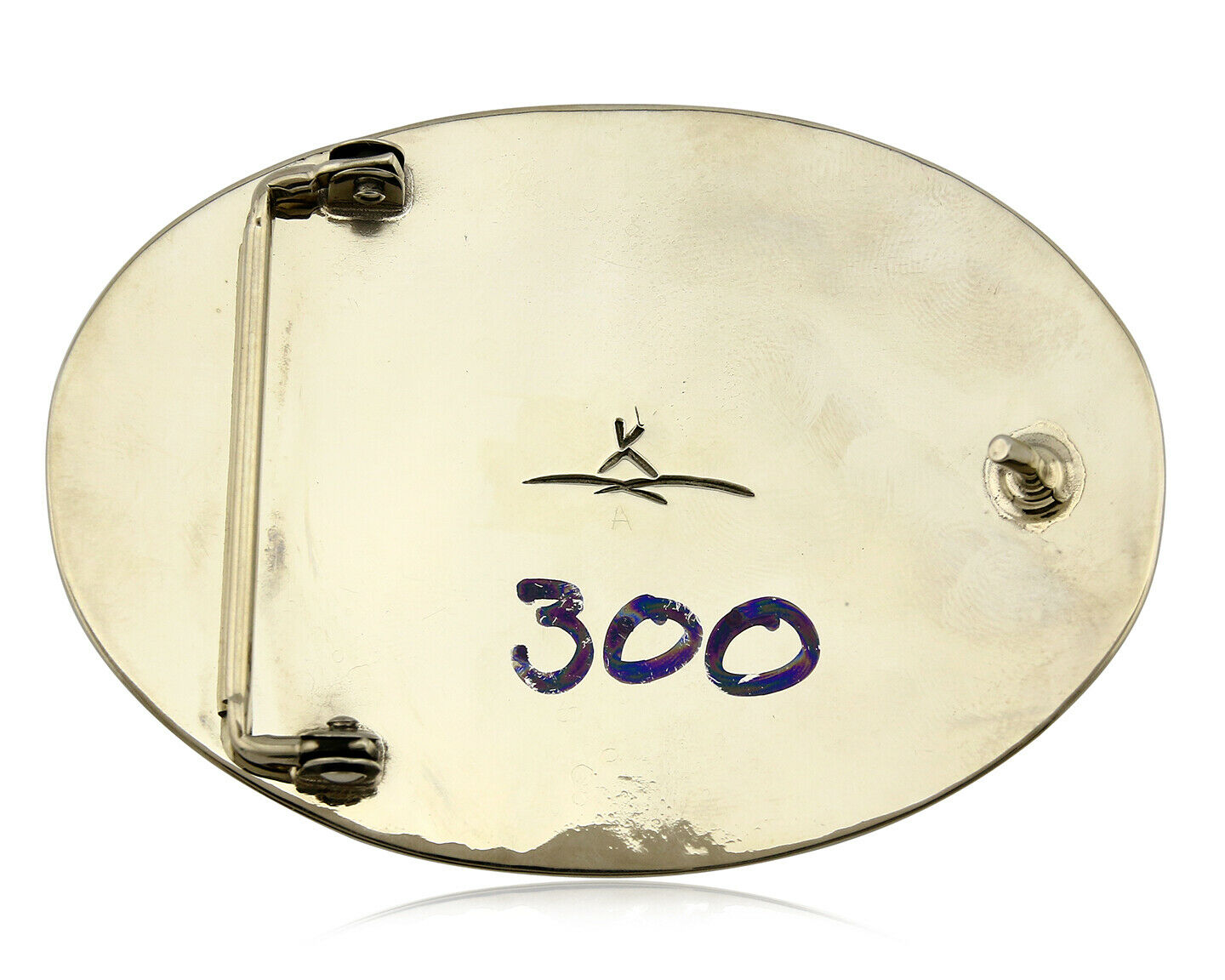 Navajo Handmade Belt Buckle .999 Nickle Silver Malachite Signed Tipi C.80's