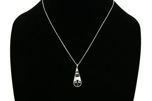Women's Zuni Necklace .925 Silver Inlaid Gemstones Tear Drop Signed FP