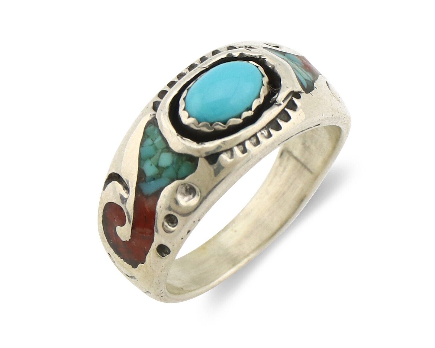 Navajo Handmade Ring 925 Silver Blue Turquoise & Coral Native American C.80's