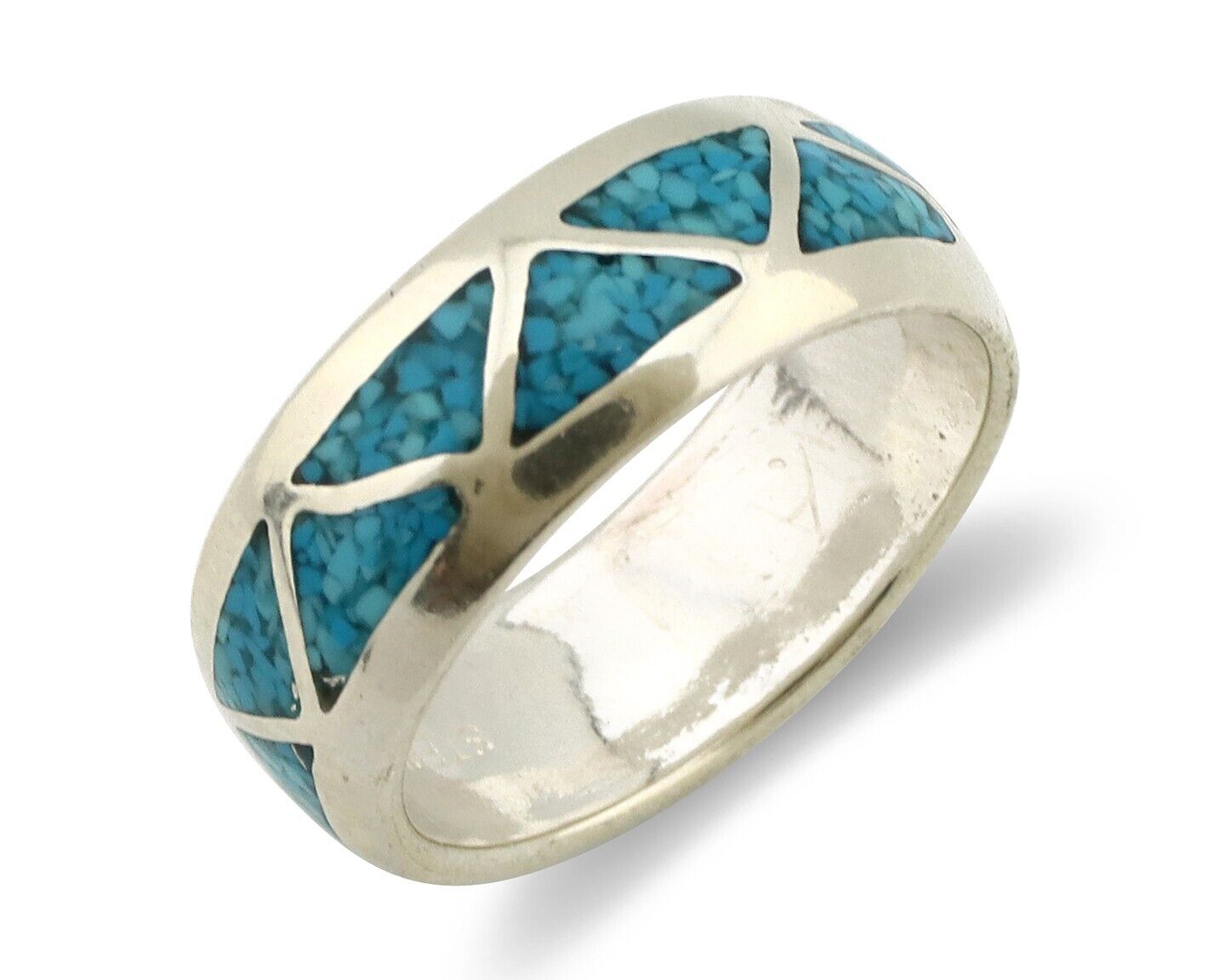Navajo Chip Inlay Ring 925 Silver Sleeping Beauty Turquoise Artist Silver Cloud