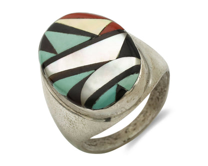 Zuni Inlaid Ring .925 Silver Gemstone Artist Richard & Geneva Terraza C.1980's