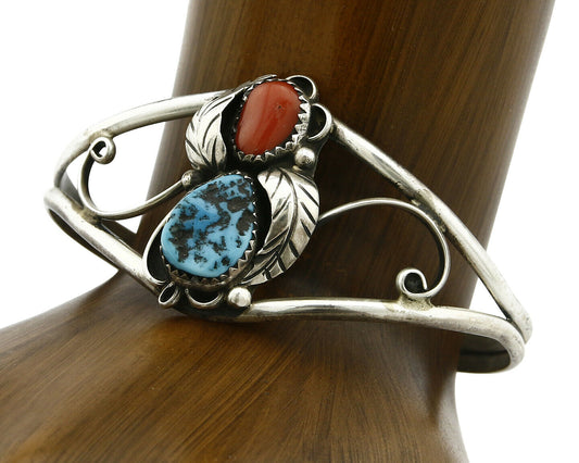 Women's Navajo Bracelet .925 Silver Turquoise & Red Coral Native American Cuff