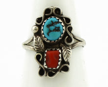 Navajo Ring 925 Silver Turquoise & Coral Artist Signed R with Steer Head C.80's