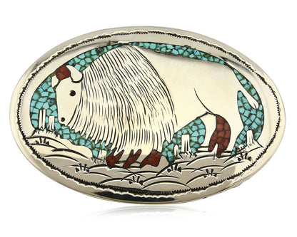 Navajo Belt Buckle .999 Nickle Silver Turquoise Coral Signed SD C.80's