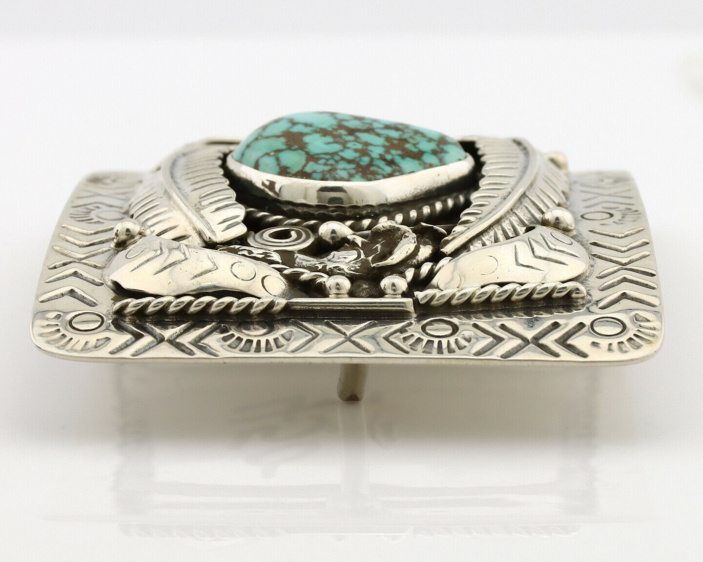 Navajo Belt Buckle .925 Silver Natural Blue Turquoise Artist Signed Tepee C.80's