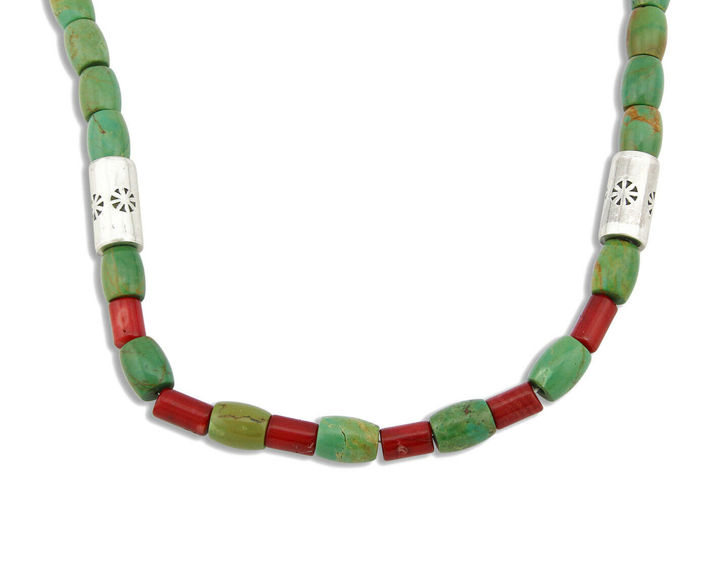 Navajo Necklace .925 Silver Royston Turquoise & Coral C.80's