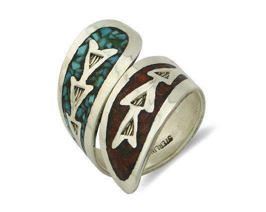 Navajo Chip Inlay Ring 925 Silver Turquoise & Coral Artist Native Artist C.80's