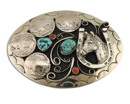 Navajo Horse Belt Buckle Nickle Silver Gemstone Handmade Native American C.80's