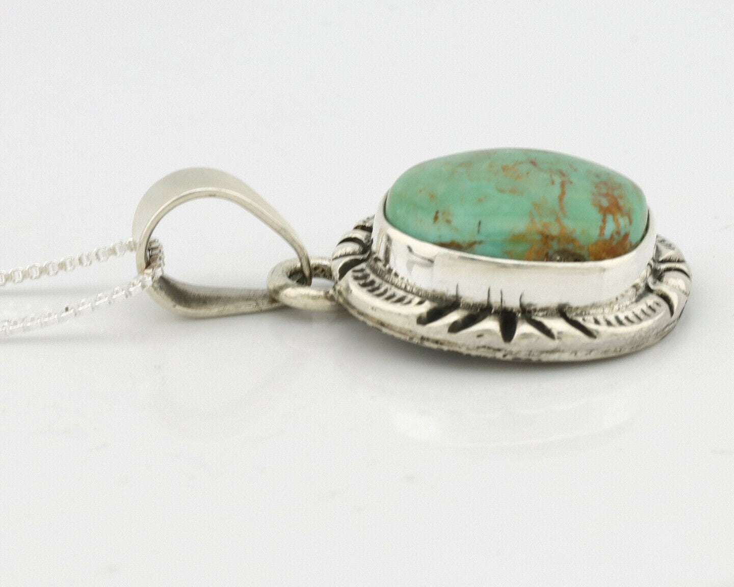 Navajo Kingman Turquoise Pendant .925 Silver Hand Stamped Signed Gecko C.80's