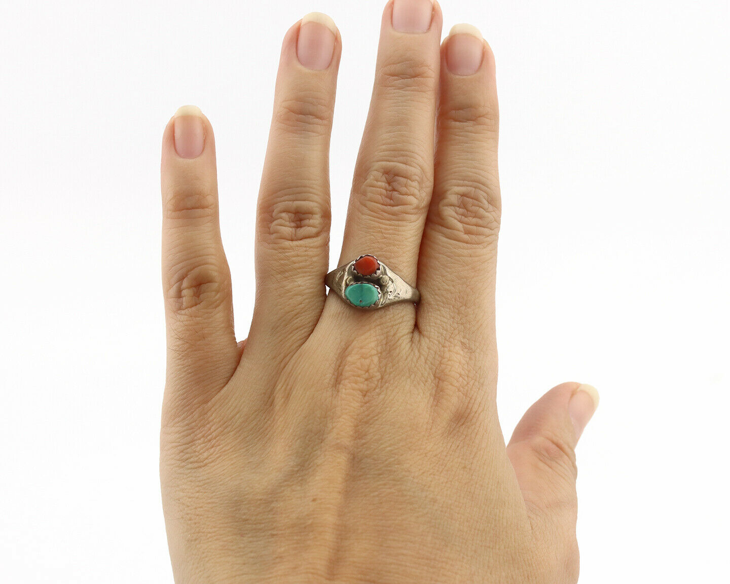 Zuni Ring .925 Silver Natural Turquoise & Coral Native American Artist C.1980's