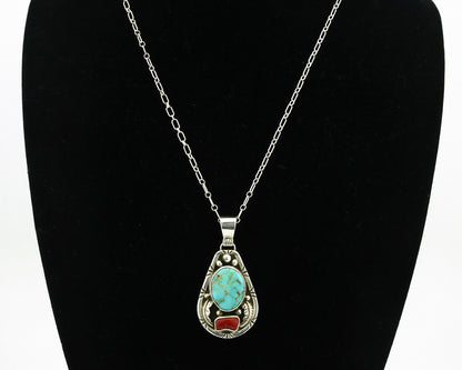 Navajo Necklace .925 Silver Natural Blue Turquoise & Coral Tipi Artist C.80's