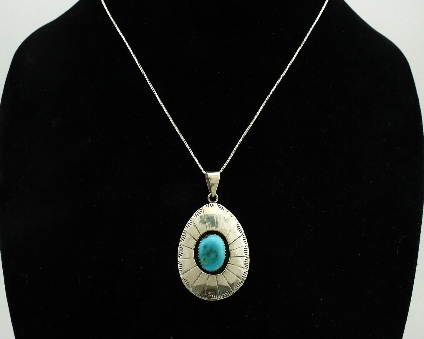 Navajo Necklace .925 Silver Kingman Turquoise Signed V C.1980's