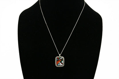 C.80-90's Navajo Doug Zachary .925 Silver Inlaid Gemstone Necklace