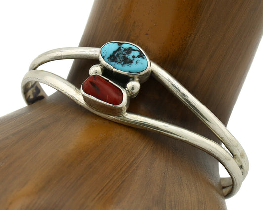 Navajo Bracelet .925 Silver Coral & Turquoise Native American Artist C.90's