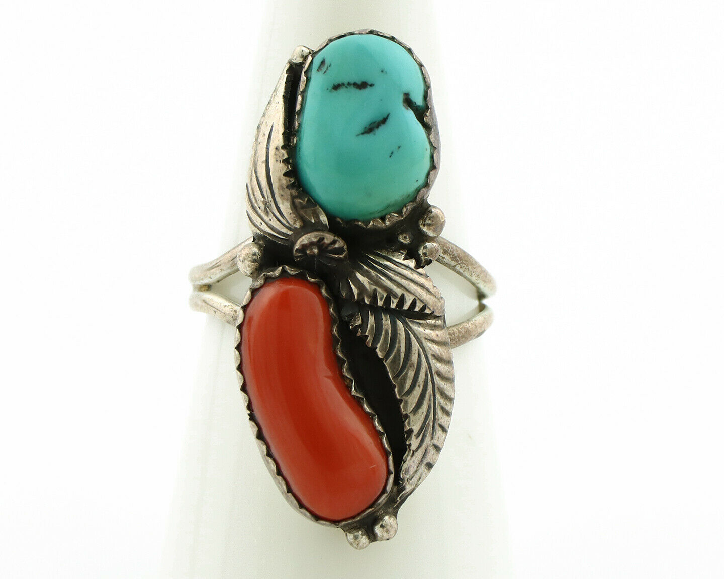 Navajo Ring .925 Silver Turquoise & Coral Artist Signed Tom Willeto C.80's