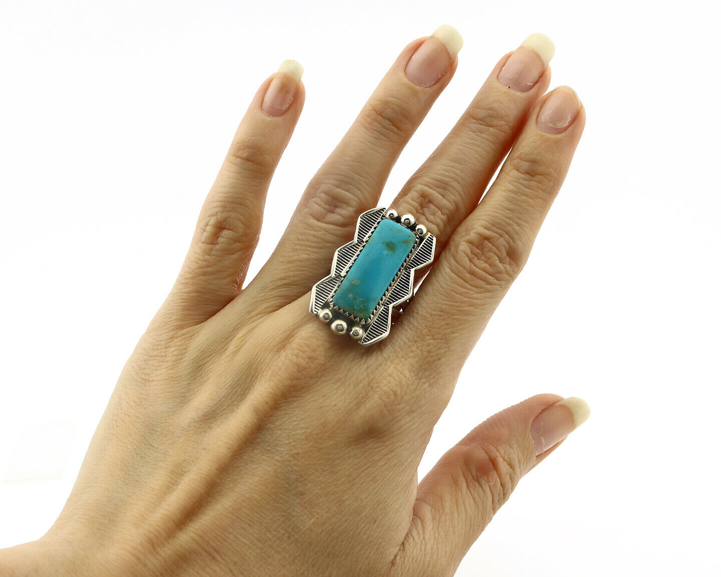 Navajo Ring .925 Silver Natural Aqua Turquoise Signed Apache C.80's