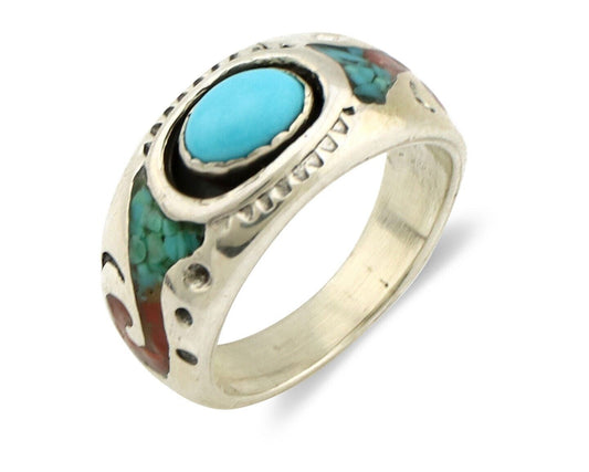 Navajo Handmade Ring 925 Silver Blue Turquoise & Coral Native American C.80's