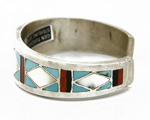C. 1980's Zuni Inlaid Gemstone .925 Silver Handmade Cuff Bracelet