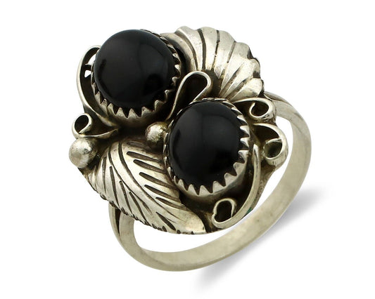 Navajo Ring 925 Silver Natural Mined Onyx Artist Signed T Thomas C.80's