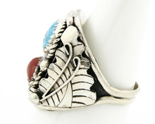 Navajo Ring .925 Silver Turquoise & Coral Handmade Artist Signed Bear Claw C80s