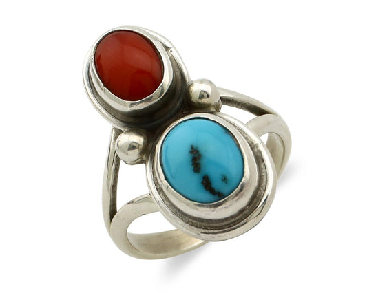 Navajo Handmade Ring 925 Silver Coral & Turquoise Native American Artist C.80's