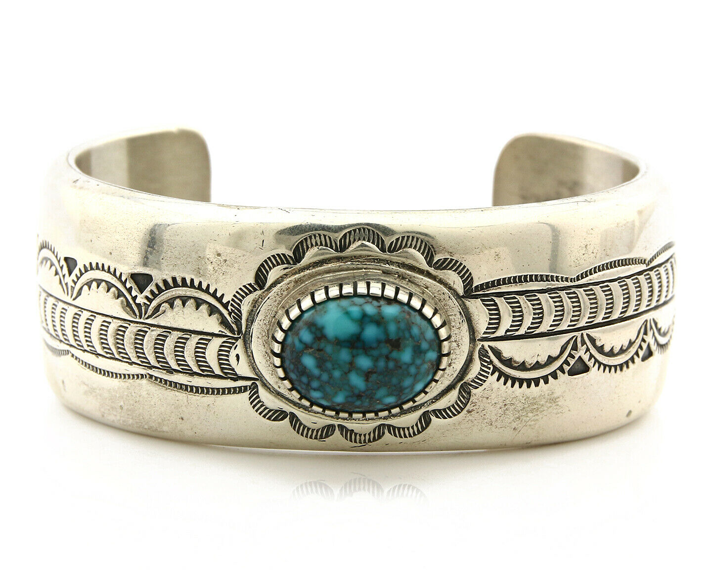 Navajo Bracelet .925 Silver Lone Mtn Turquoise Signed Peace Pipe C.80's