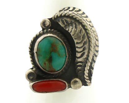 Navajo Ring 925 Silver Turquoise & Coral Handmade Native American Artist C.1980s