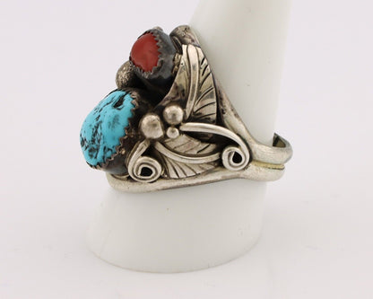 Zuni Ring 925 Silver Blue Turquoise & Coral Artsti Signed Patsy Allopowa C.80's