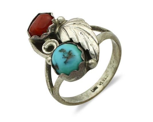 Navajo Ring .925 Silver Turquoise & Coral Native American Artist C.1980's