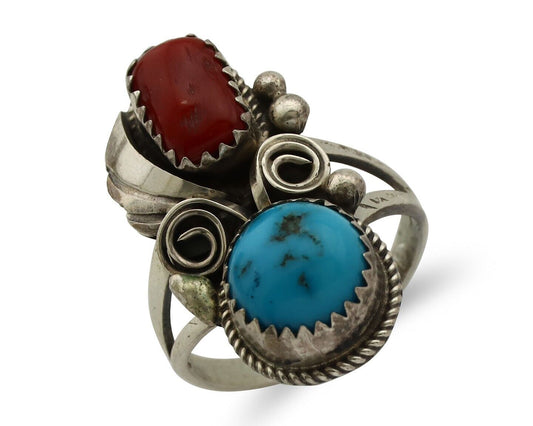 Navajo Ring 925 Silver Blue Turquiose & Coral Artist Signed Justin Morris C.80's