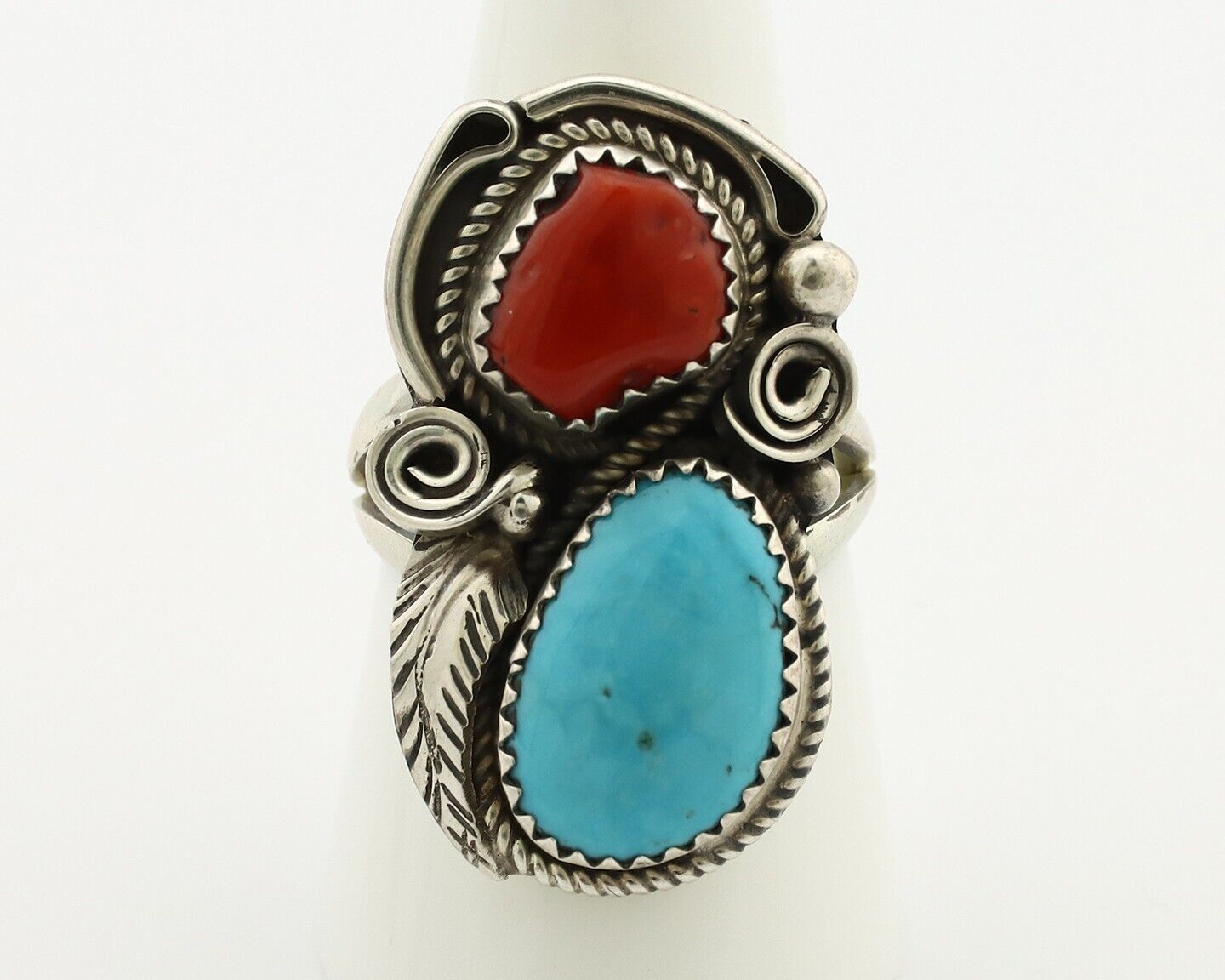 Navajo Ring 925 Silver Blue Turquiose & Coral Artist Signed Justin Morris C.80's