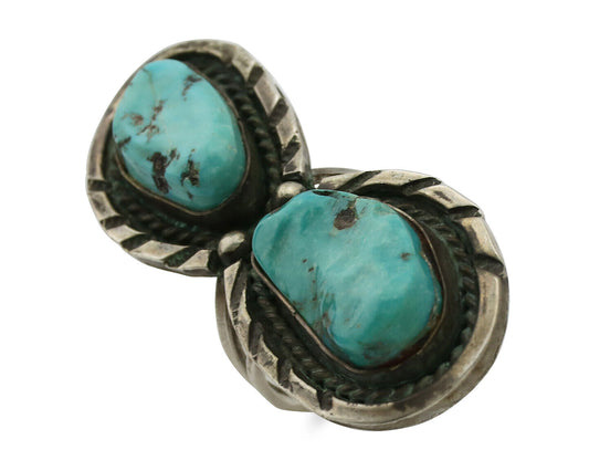 Navajo Ring .925 Silver Globe Turquoise Hand Stamped Native American Artist C80s