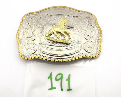 Engravable Large Country Horse Belt Buckle .999 Nickle Silver Gold Trim C.80's